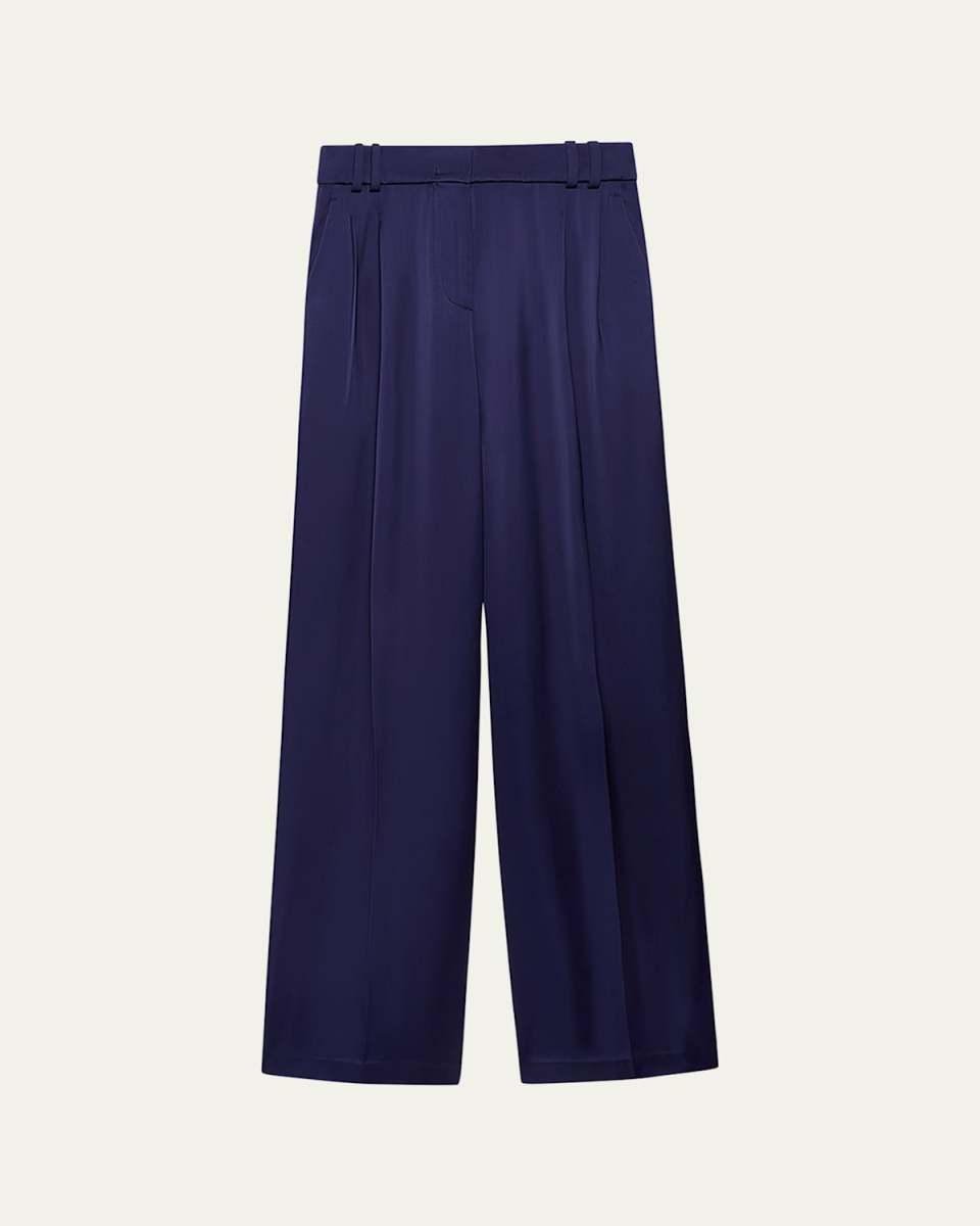 Double-Pleated Satin Wide-Leg Trousers
